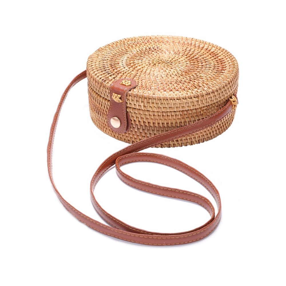 Handwoven Round Rattan Bag Shoulder Leather Straps Natural Chic Hand